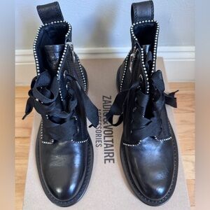 NWT Zadig & Voltaire Laureen Roma Round Toe Leather Low-Heel Boots Sz 38